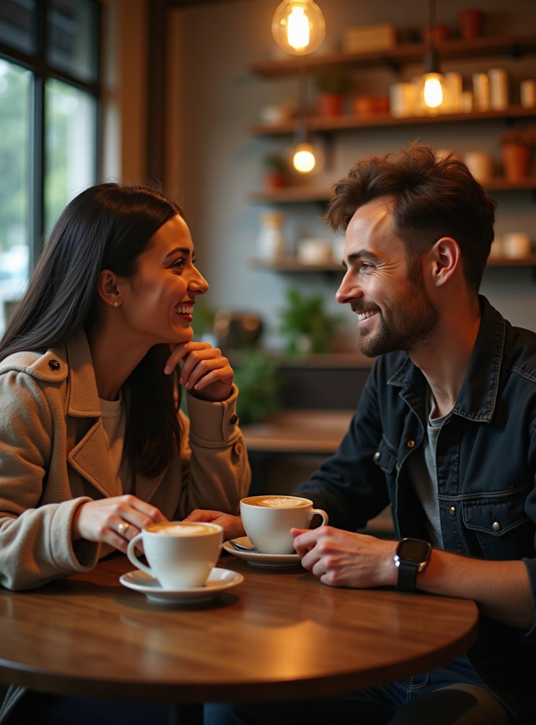 A couple having a genuine conversation over coffee at a cozy café
