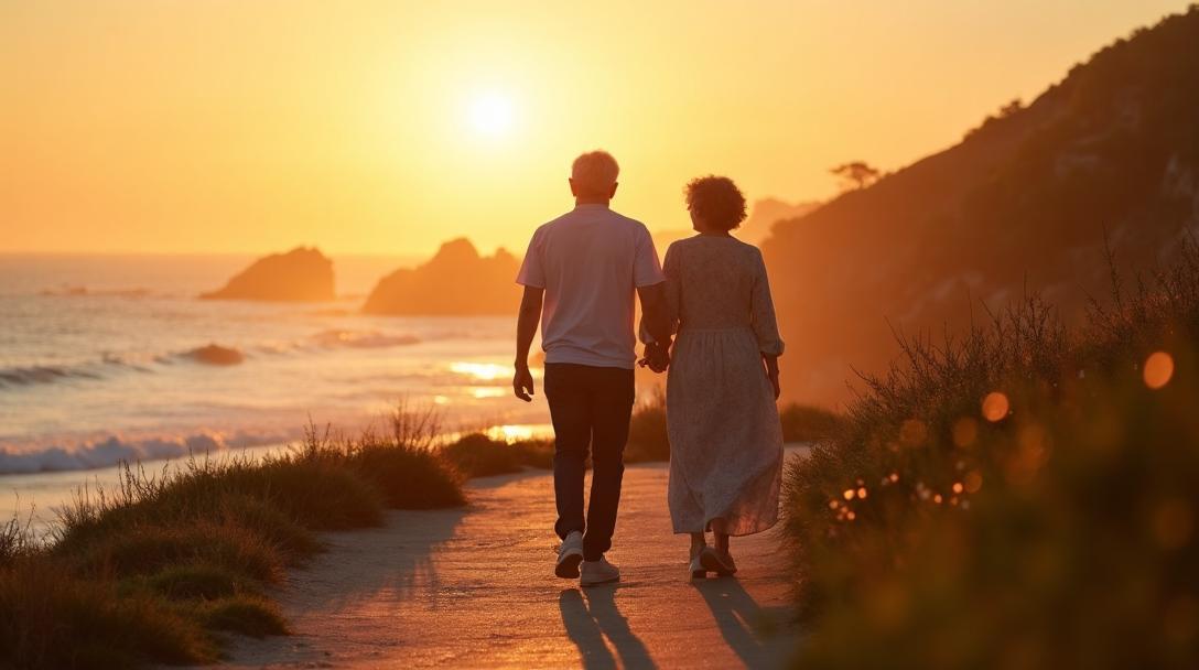 Elegant couple in their 50s walking along a coastal path at sunset
