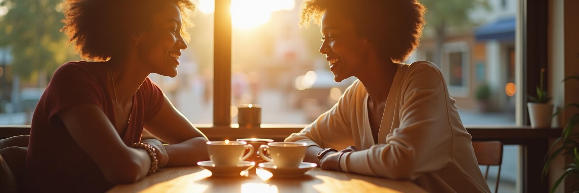 Couple enjoying coffee together at a sunlit cafรฉ