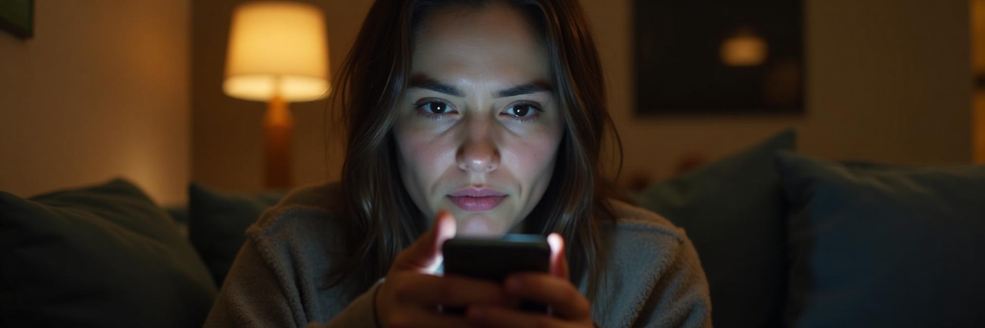 Person looking thoughtfully at their phone screen, cautious about online dating