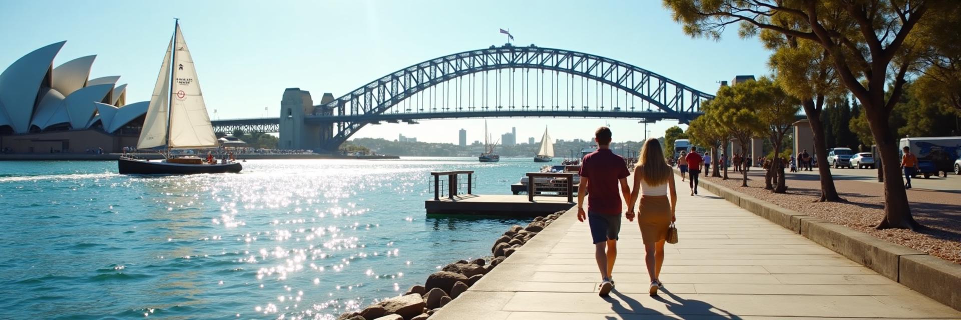 Couple walking along a sunny harbour-side boardwalk in Sydney with blue water and sailboats