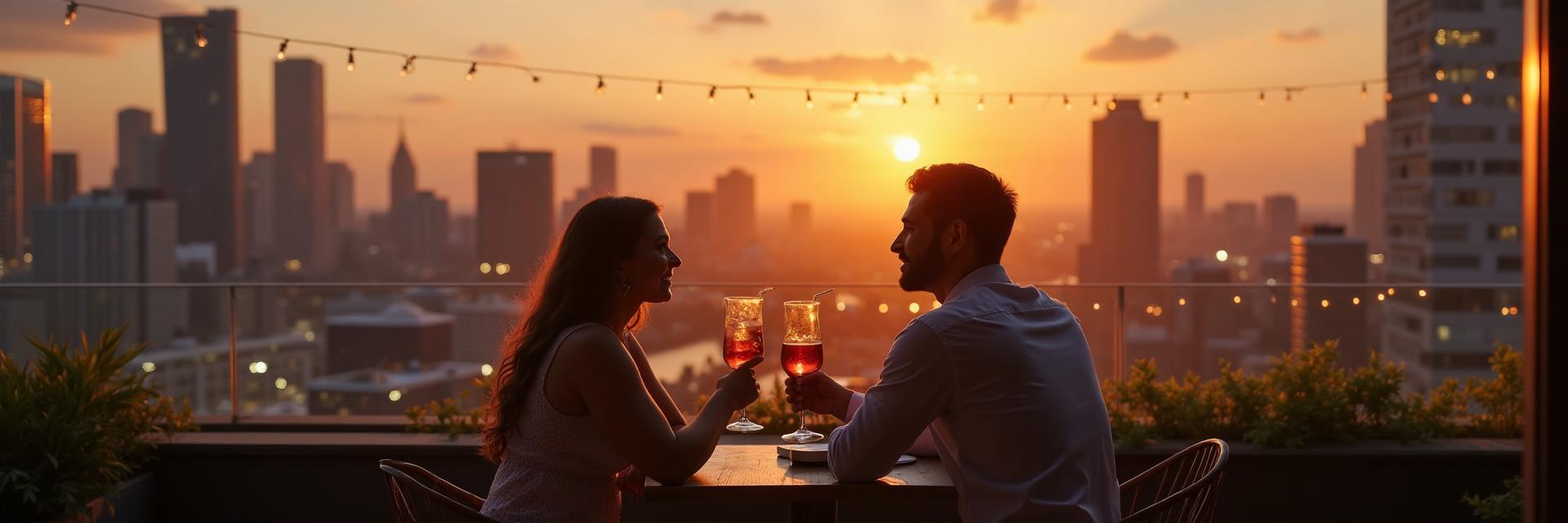 Couple enjoying a rooftop date overlooking a city skyline at sunset