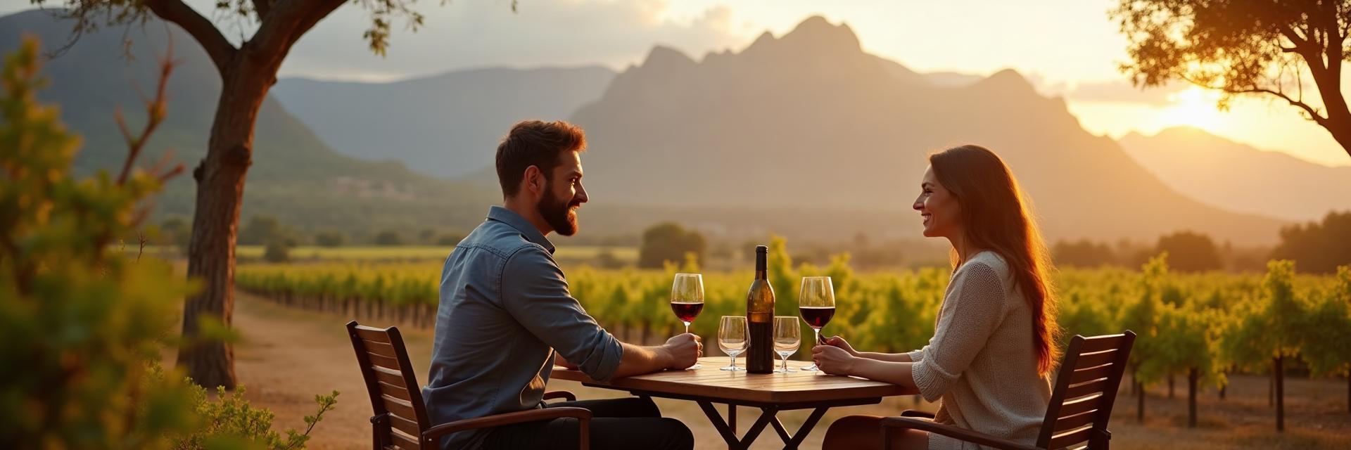 Couple at a vineyard terrace with dramatic South African mountain views