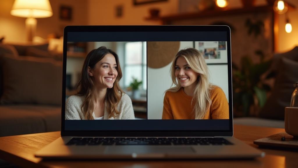 Two people chatting on a video call, smiling at each other