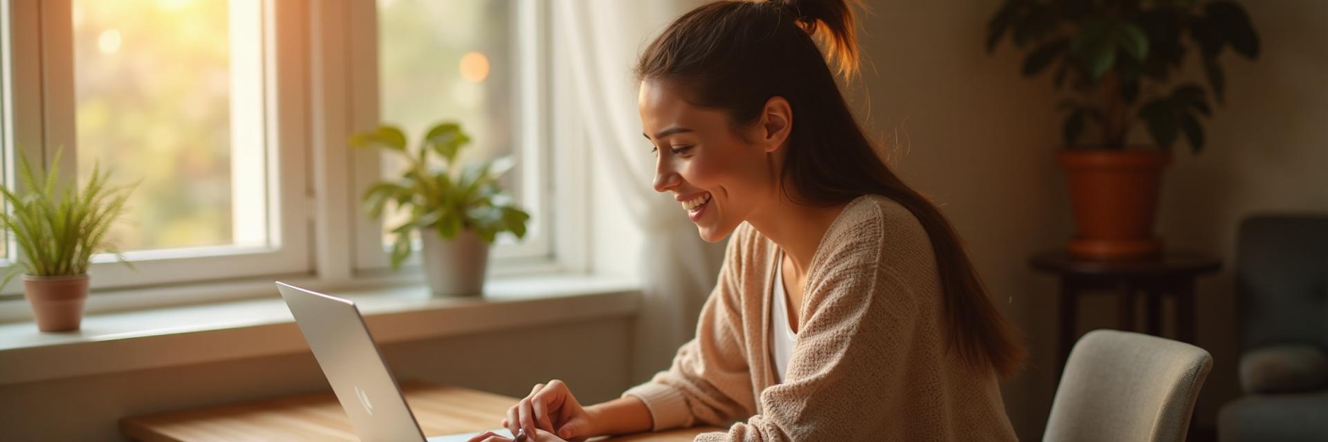 Woman smiling at her laptop while creating a dating profile