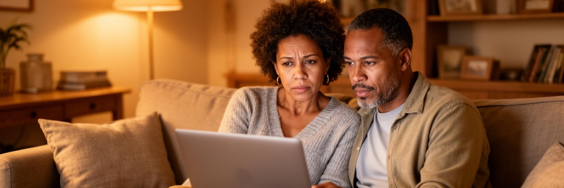 Couple researching online dating safety statistics together